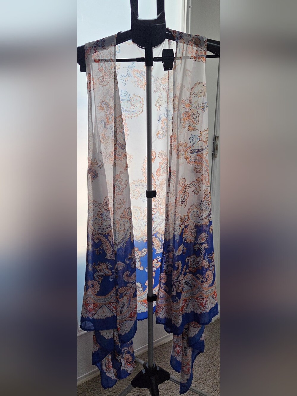 Windsor Paisley Chiffon Duster Vest Kimono Sleeveless Cover Up Blue Orange XL